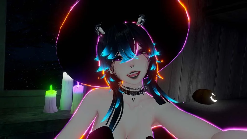 Anime-style character with long dark hair and blue highlights, wearing a wide-brimmed black hat with small figures on top, singing or smiling in a dark room with neon lighting, candles, and a pumpkin-shaped light.