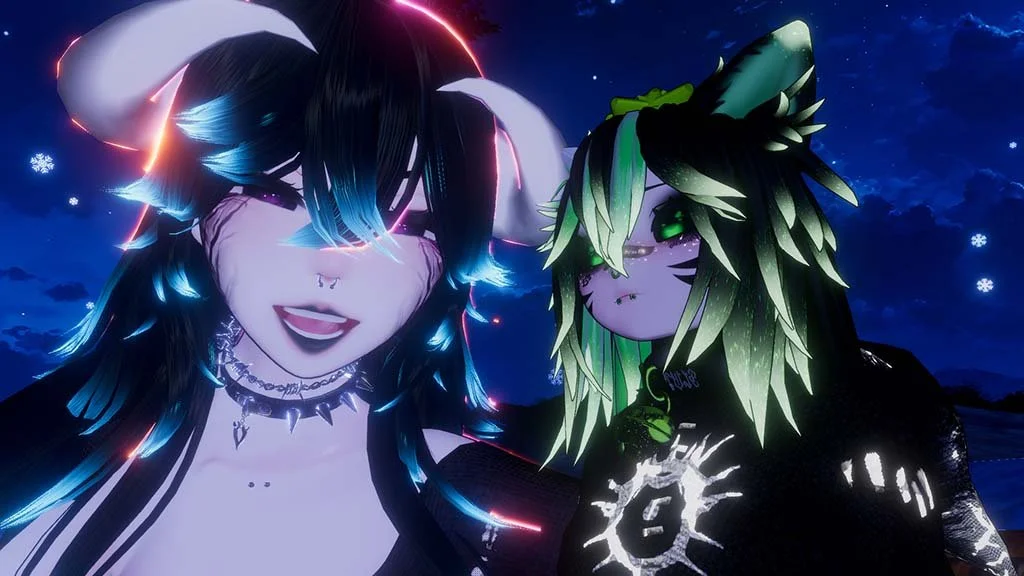 Two animated characters with animal features and neon highlights stand under a night sky with clouds and snowflakes.