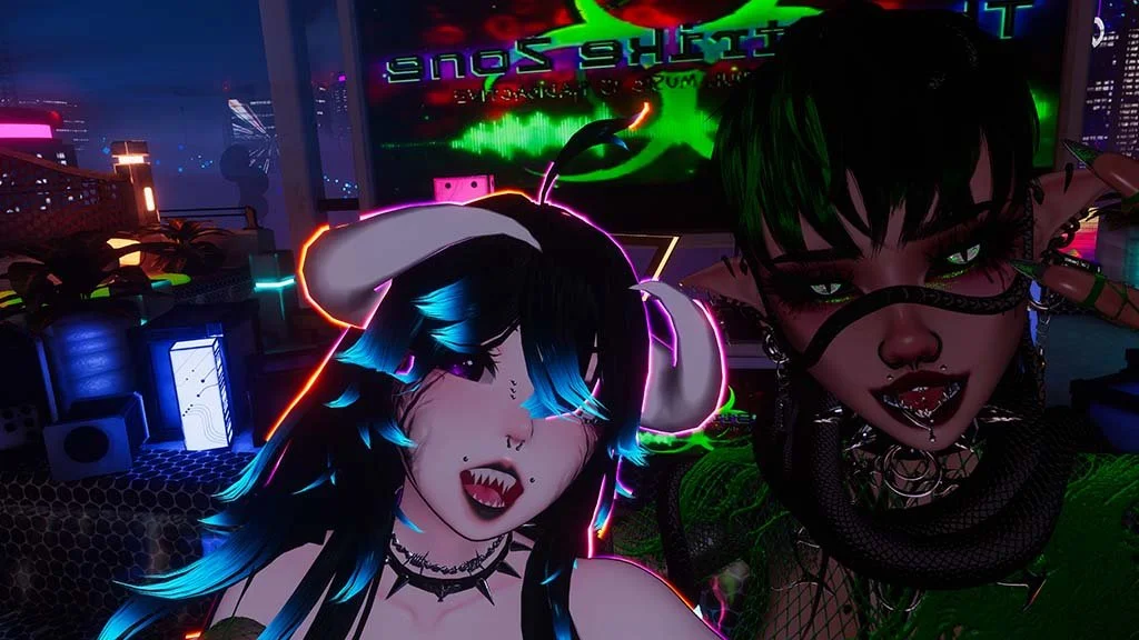 Digital artwork featuring two characters with vampire and fantasy influences in a neon-lit cityscape at night. One character has black and blue hair, vampire fangs, and dog-like ears, while the other has green hair, elf-like ears, and snake accessories. The scene includes vibrant neon city lights and electronic displays in the background.