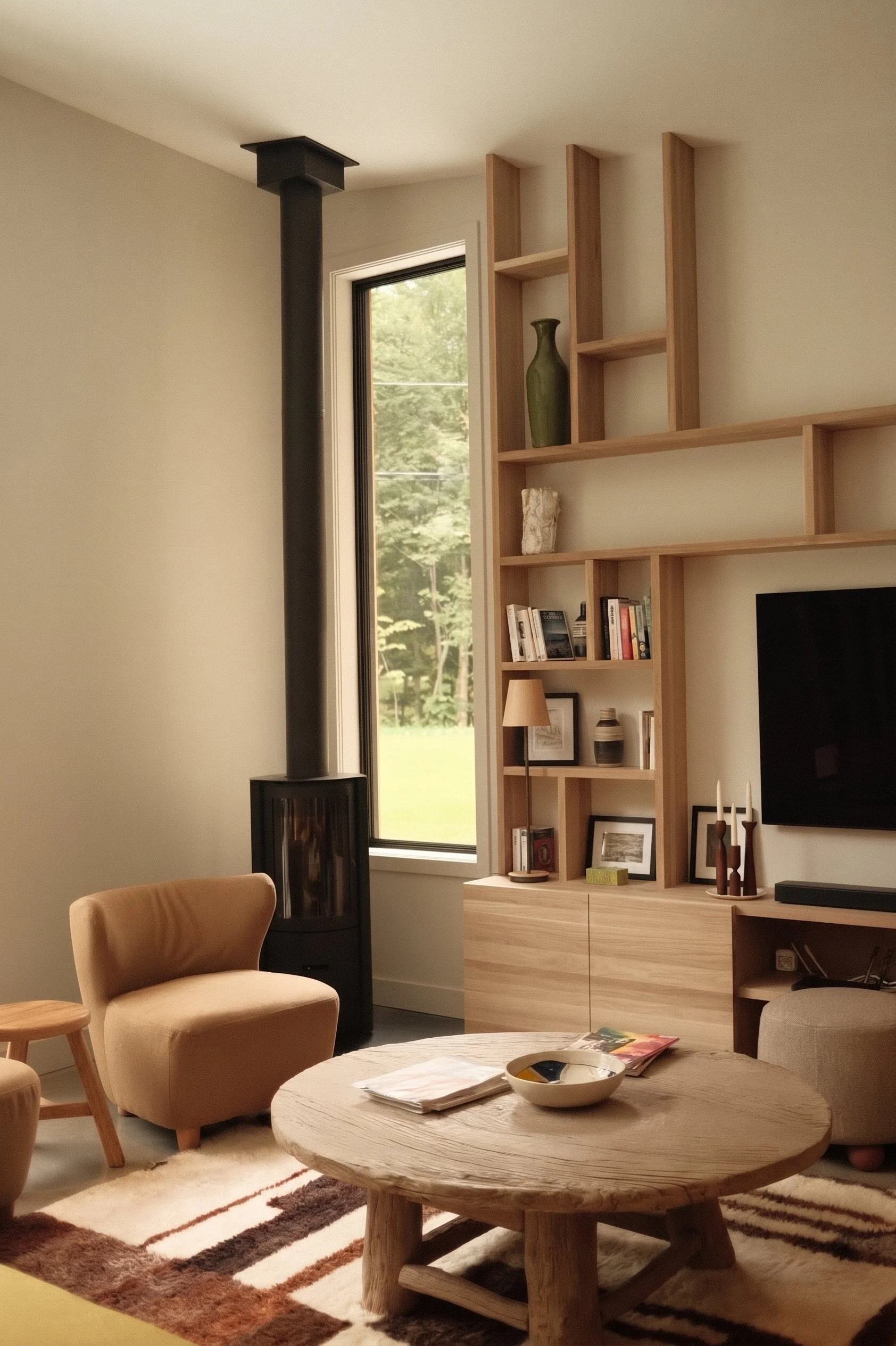 Aménagement de salon lumineux avec poêle à bois noir, table basse en bois brut, fauteuil beige texturé et meuble bibliothèque sur mesure en bois clair près d'une grande fenêtre.