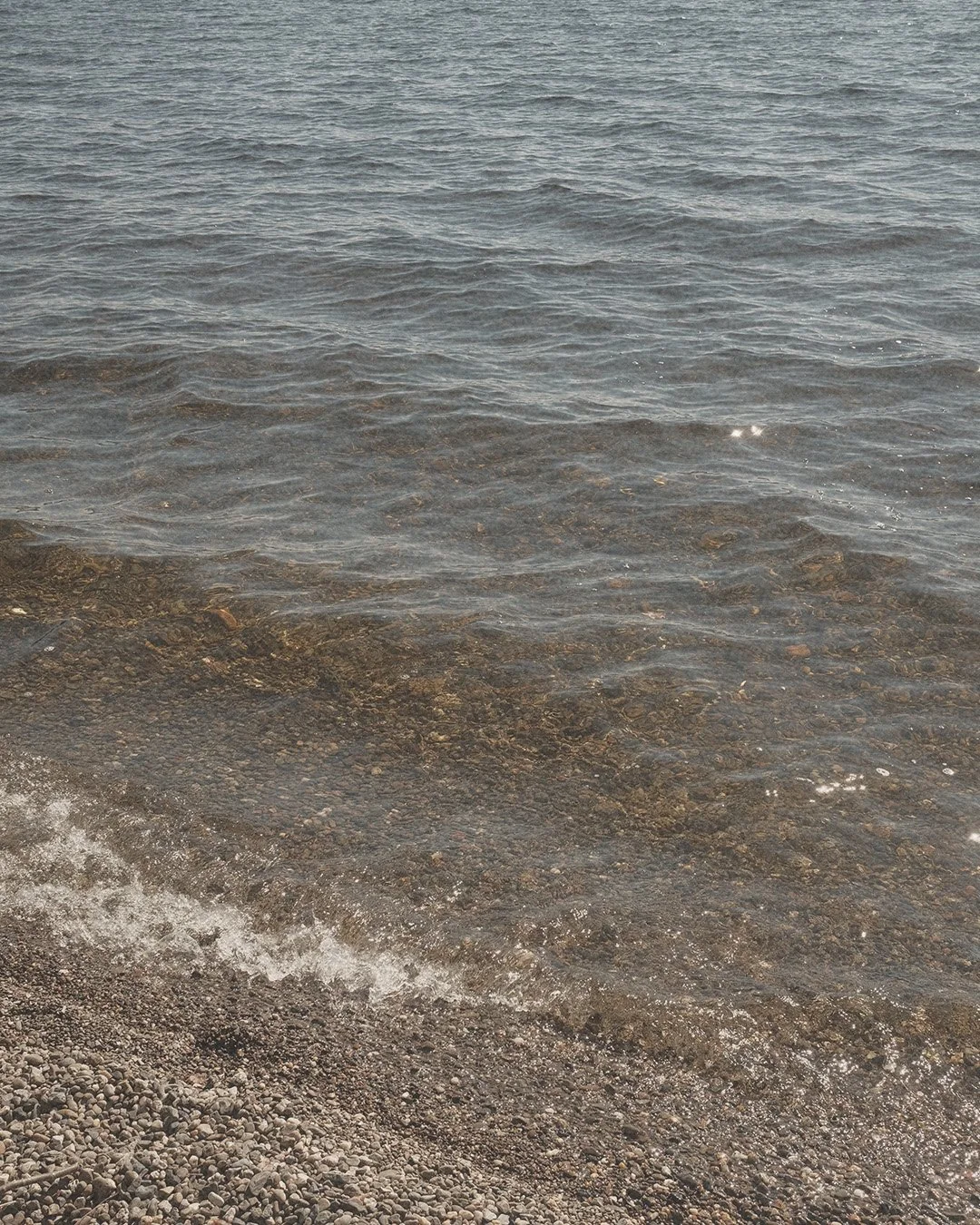 Gros plan sur les textures organiques de l'eau et des cailloux, évoquant les influences côtières et apaisantes des aménagements intérieurs de Studio Lagom.