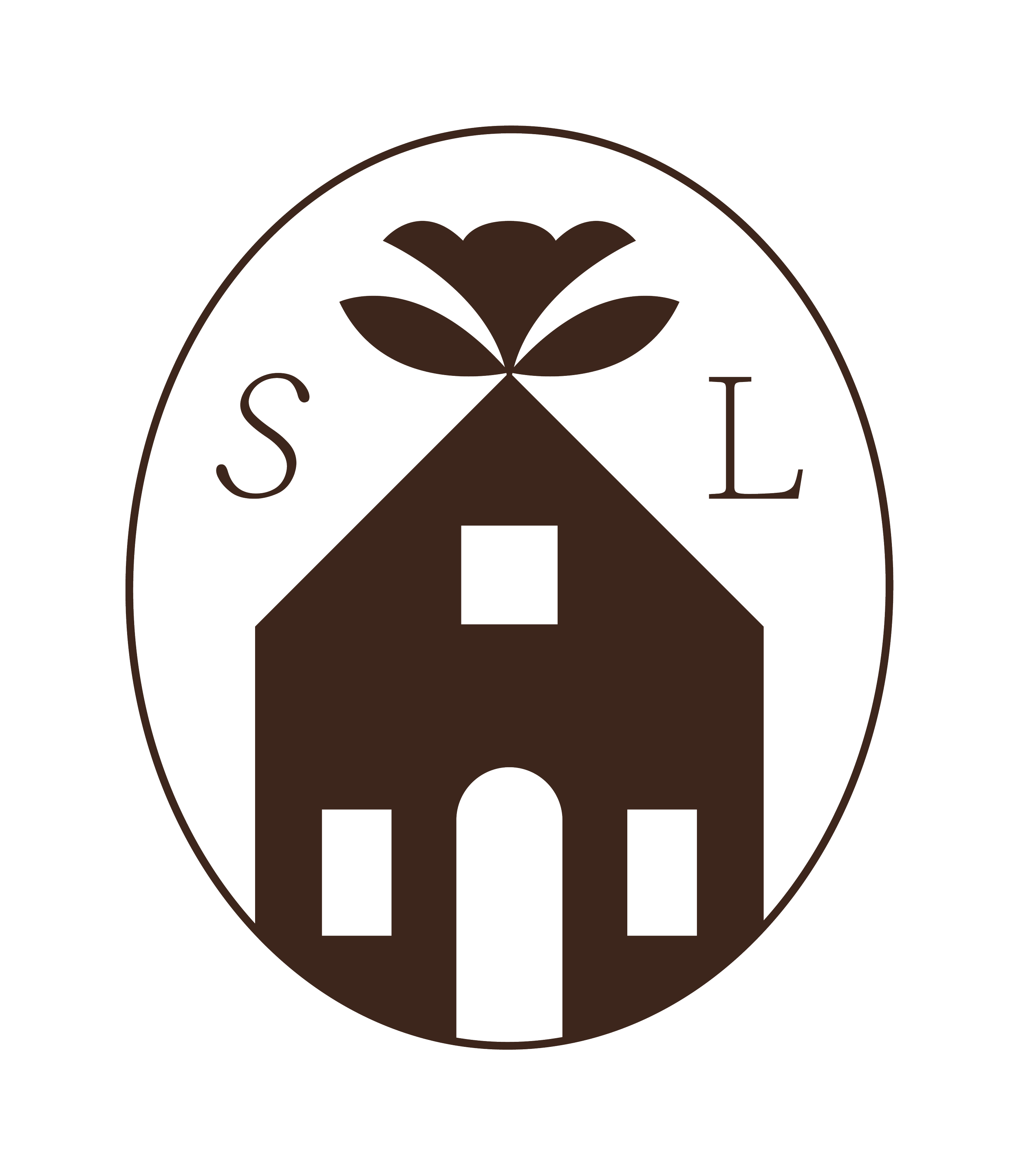 Logo rond avec illustration d'une maison au centre, entourée d'une plante ou d'une fleur. Les lettres 'S' et 'L' sont placées de part et d'autre de l'illustration.