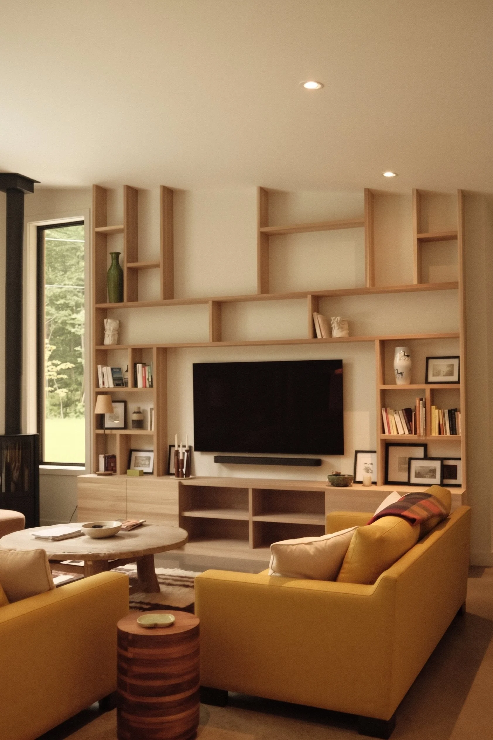 Design d'intérieur de salon par Studio Lagom mettant en valeur des textures naturelles, un canapé jaune ocre, une grande bibliothèque sur mesure en bois clair et un poêle à bois minimaliste.
