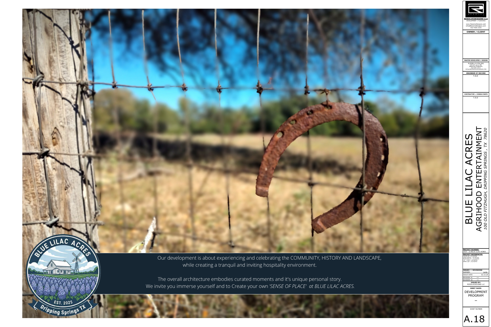 Close-up of a rusted horseshoe attached to a wire fence with a blue sky and distant trees in the background, part of a development project in Dripping Springs, Texas, called Blue Lilac Acres.