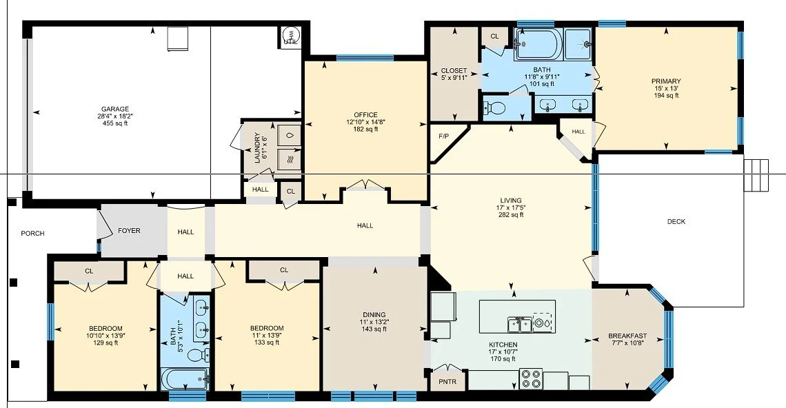 Floor plan of a house showing various rooms including a garage, porch, foyer, hallway, two bedrooms, a bathroom, an office, a living room, kitchen, breakfast area, deck, and primary bedroom with an ensuite bathroom and closet.