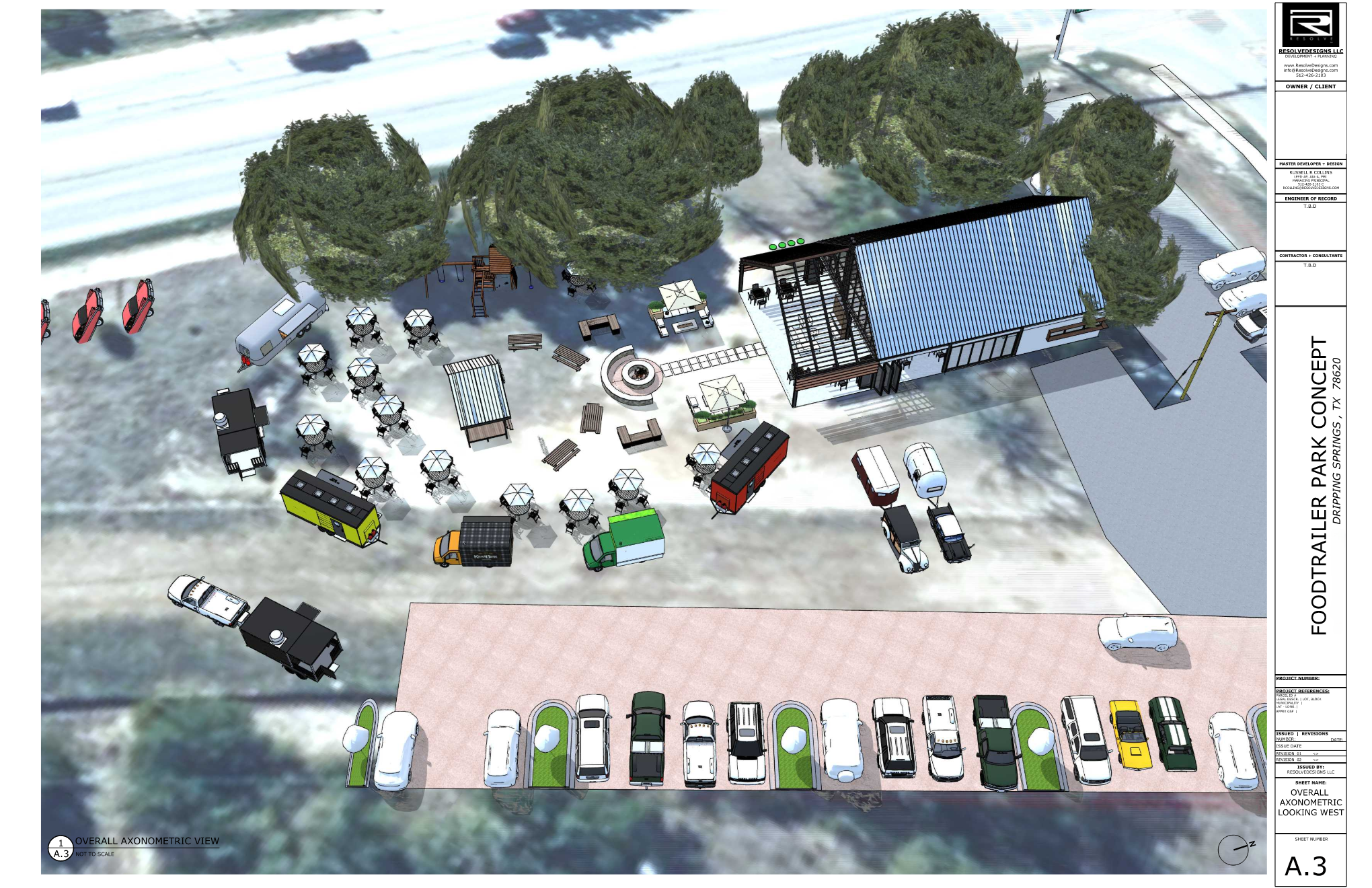 Aerial view of an outdoor event area with seating, trees, food trucks, and parking lot.