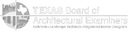 Logo of the Texas Board of Architectural Examiners featuring a black and white design with a stylized image of Texas and buildings, alongside the organization's name and description of licensed professionals.