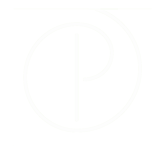 A neon sign displaying a circular logo with a vertical line and a curved line inside it, on a black background.