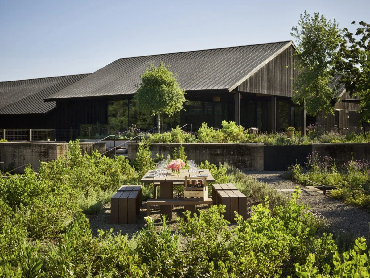 A garden with a dining table set with flowers and glasses in front of a modern building with a metal roof, surrounded by lush green plants and trees.