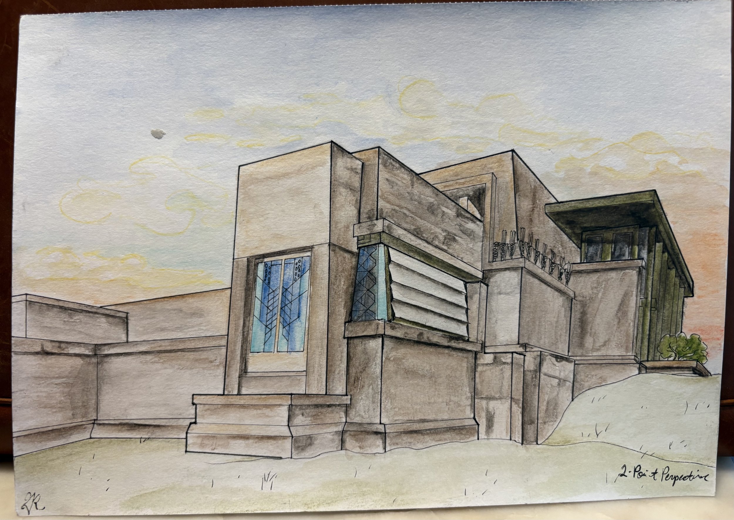 Hollyhock House Study - Watercolor & Pen (2025)