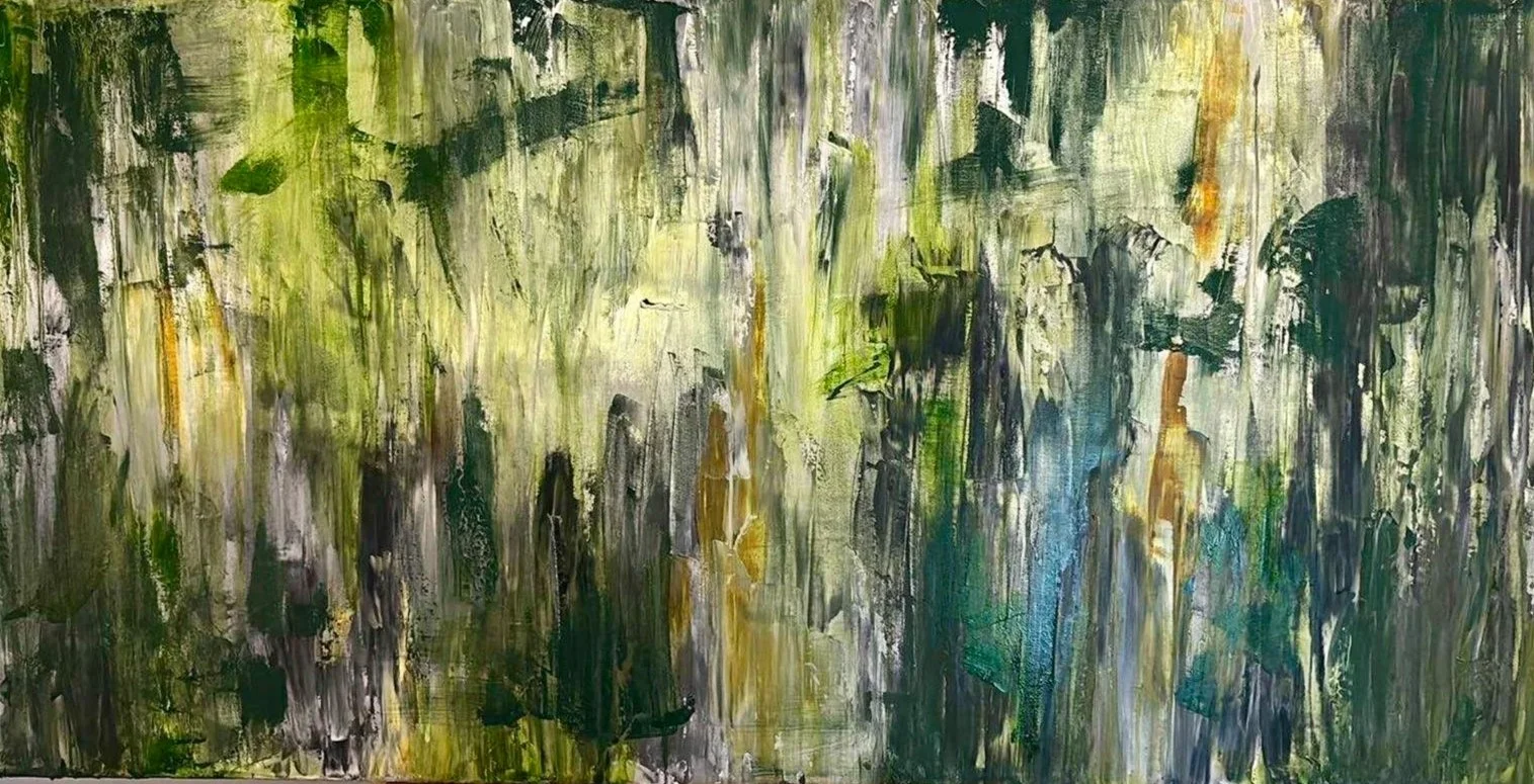 Abstract painting with vertical brushstrokes in shades of green, yellow, black, gray, and hints of blue.