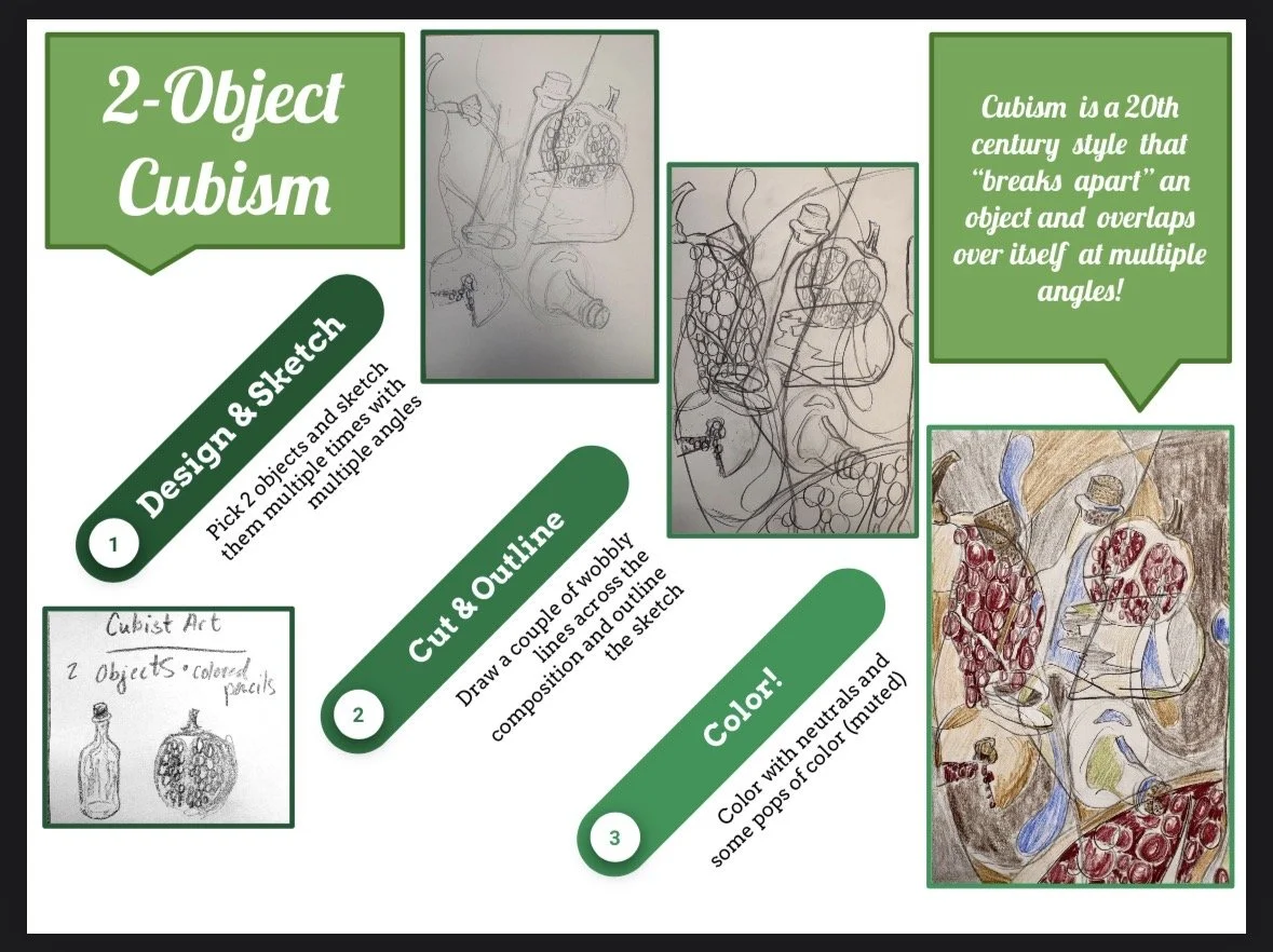 An art instructional poster titled '2-Object Cubism.' It explains Cubism as a 20th-century style that breaks apart objects and overlaps them at multiple angles. The poster includes text instructions for designing and sketching two objects, cutting out and outlining the drawings, and coloring with neutral or muted tones. The poster features sketches and a colored artwork of two objects, including a bottle and a polka-dotted object, demonstrating Cubist style.