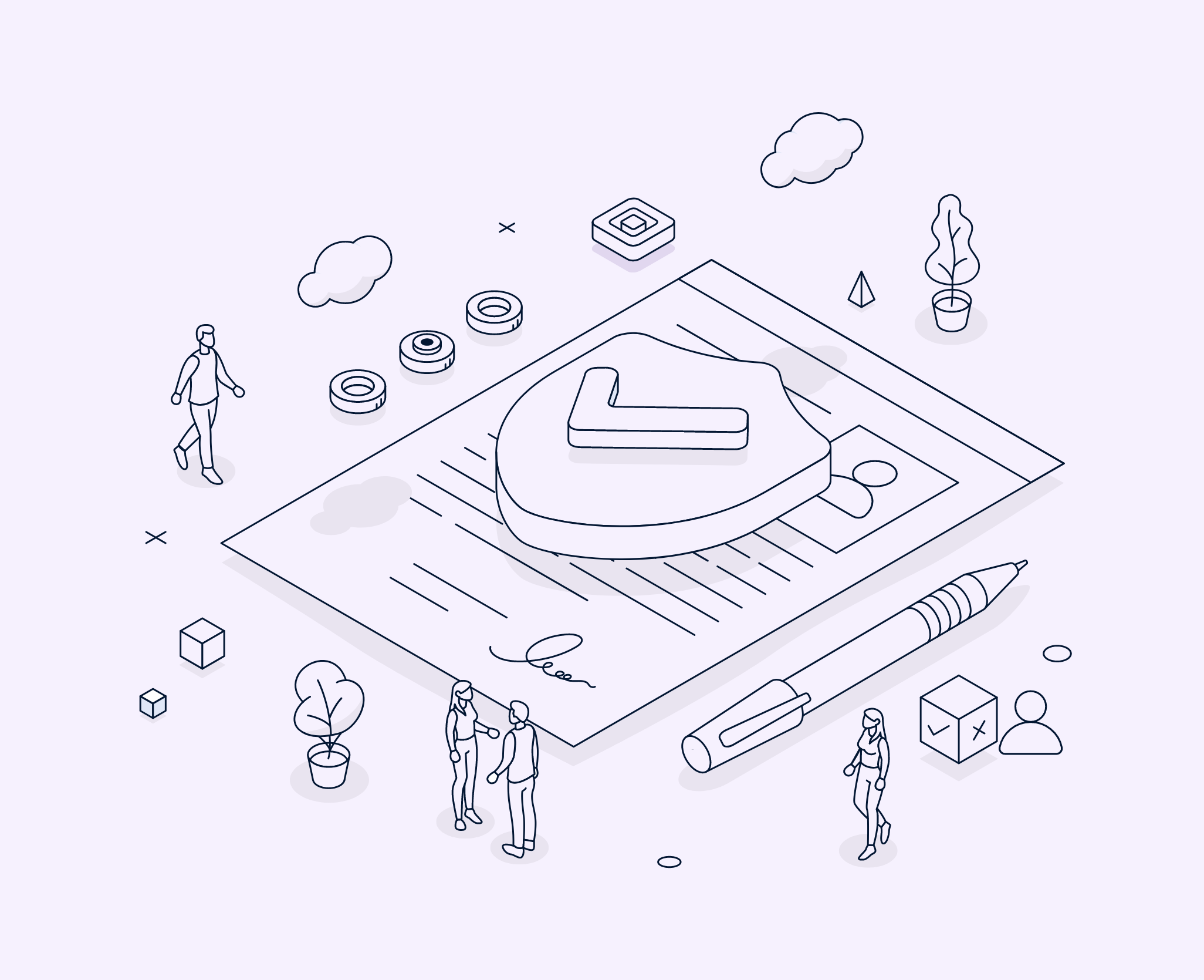 A digital illustration of a blueprint with small human figures, plants, clouds, and geometric shapes on a light purple background.