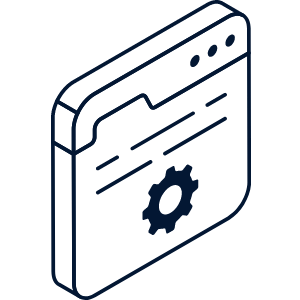 Outline drawing of a computer window with a gear icon in the center, representing settings or configuration.
