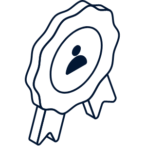 Outline of a medal or award with a person icon in the center and ribbon at the bottom.