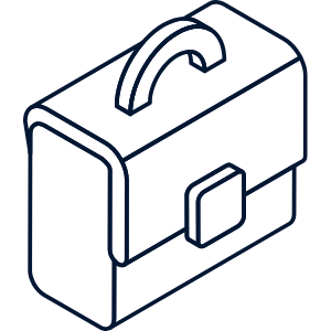Outline illustration of a small, rectangular briefcase with a handle on top and a clasp in the front.