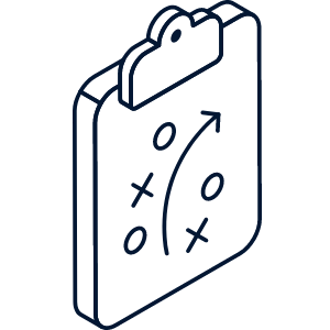 Line drawing of a clipboard with a game plan or strategy diagram, including X's, O's, and arrows.