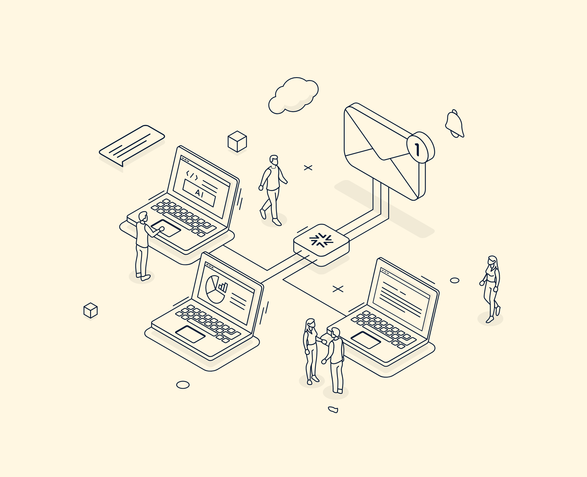 Illustration of laptops and digital devices with people interacting around them, featuring charts, code, and a cloud, in a minimalistic line art style on a light beige background.