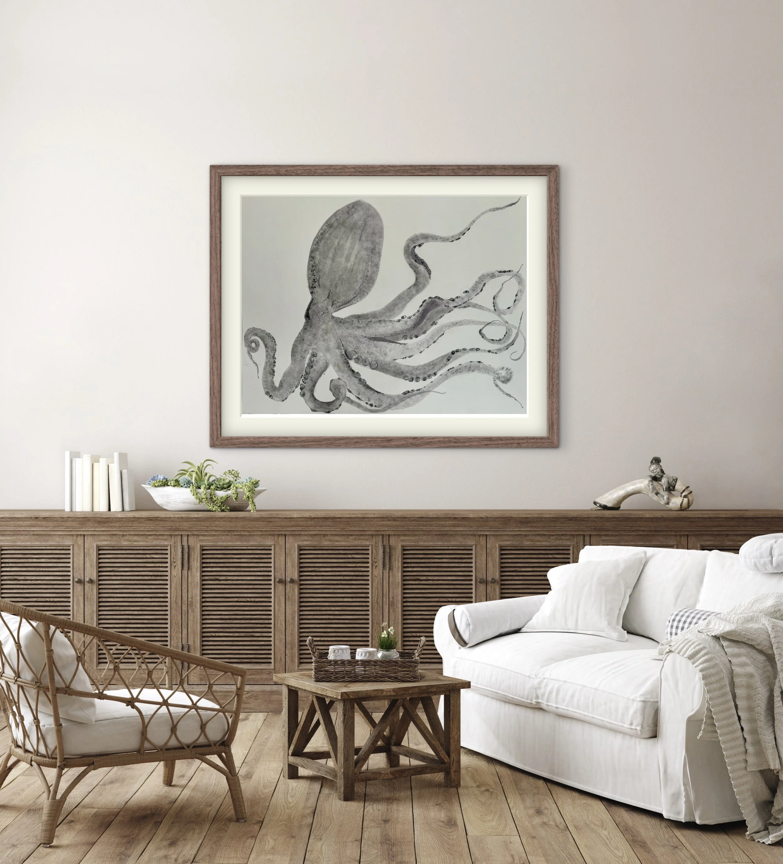 Octopus, rendered in semi-realistic grayscale watercolor. Commissioned in 2023 and now residing in Dallas, Texas, this piece captures the fluidity and quiet intelligence of the creature through restrained tone and movement.