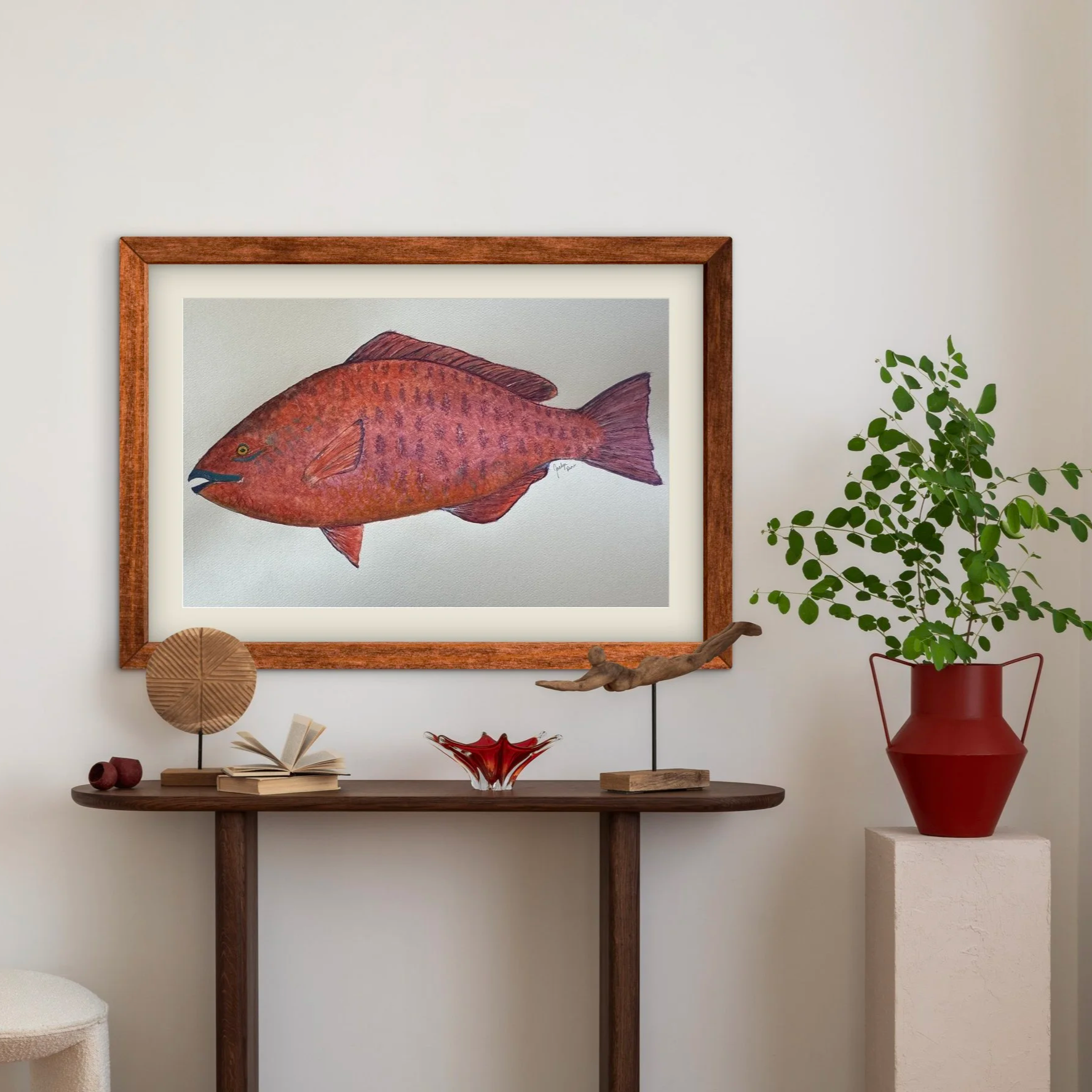 Parrotfish, rendered in semi-realistic watercolor. Commissioned in 2025 in San Diego, California, this vibrant work reflects the vitality of coastal waters and the balance between color, form, and environment.
