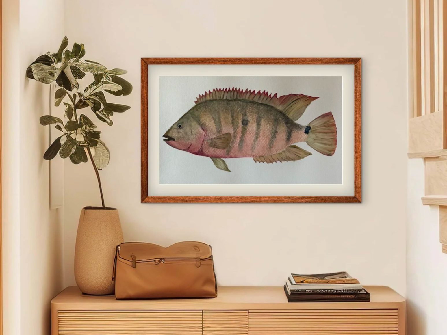 Original watercolor, rendered in a semi-realistic style. Commissioned in 2024 by a private collector for a vacation home in Tulum, Mexico, this piece was created to echo the region’s relationship with water, light, and slow rhythm - bringing a sense 