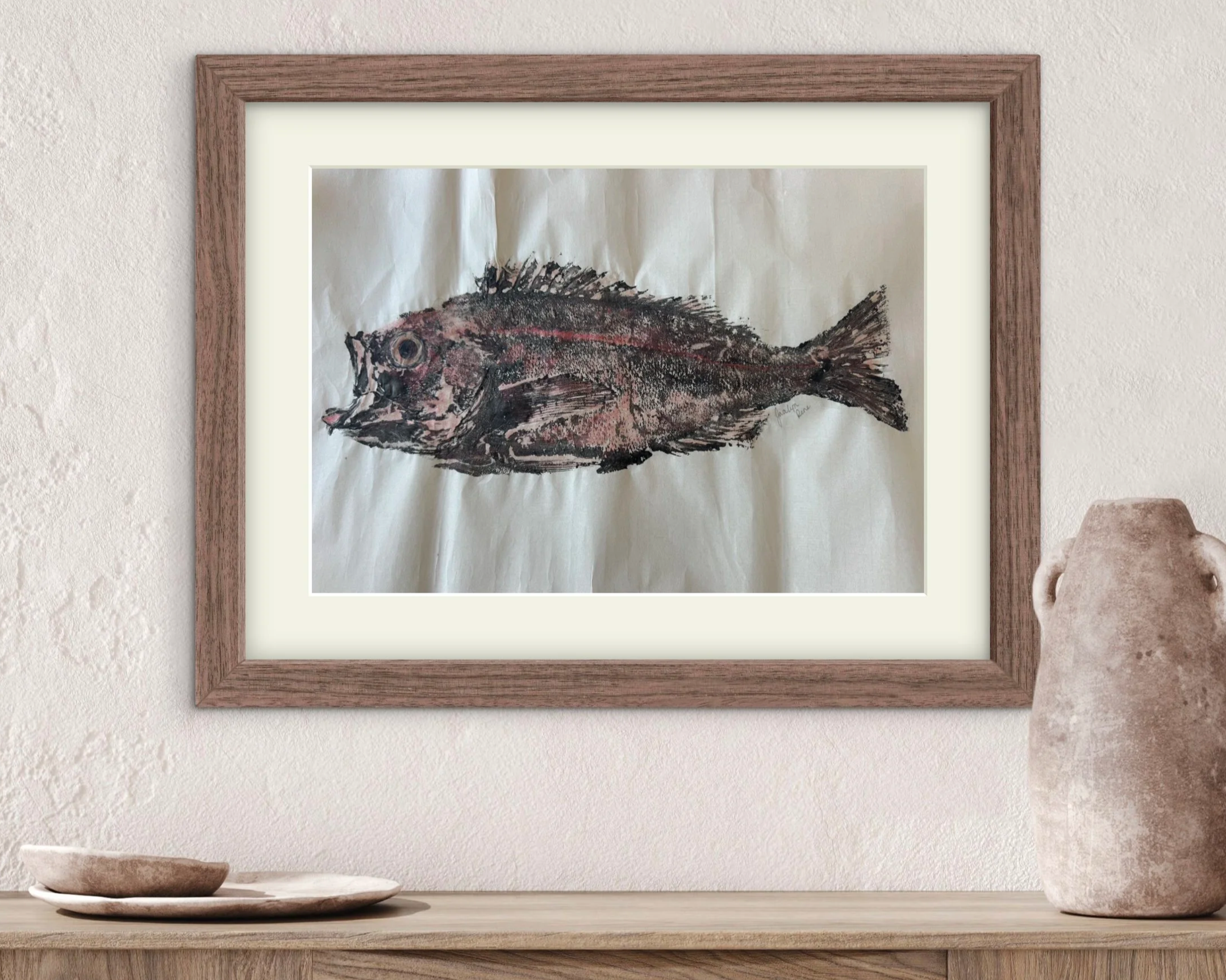 Gyotaku Rockfish, the first gyotaku work created by the artist. This piece marked the beginning of her gyotaku practice and was acquired in 2024 in San Diego, California.
