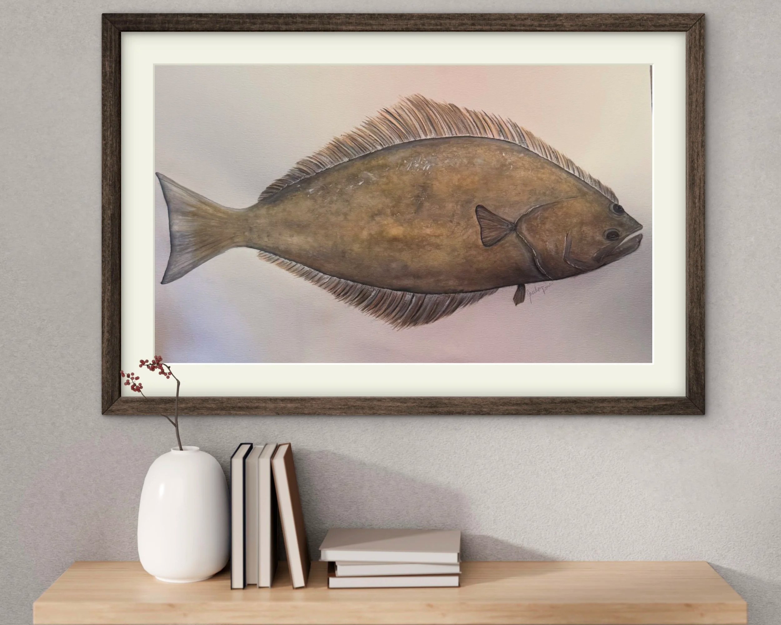 Halibut, rendered in semi-realistic watercolor. Commissioned in 2025 by a private collector in Washington, this work honors the grounded, enduring nature of the species - capturing weight, stillness, and the subtle movement beneath the surface.