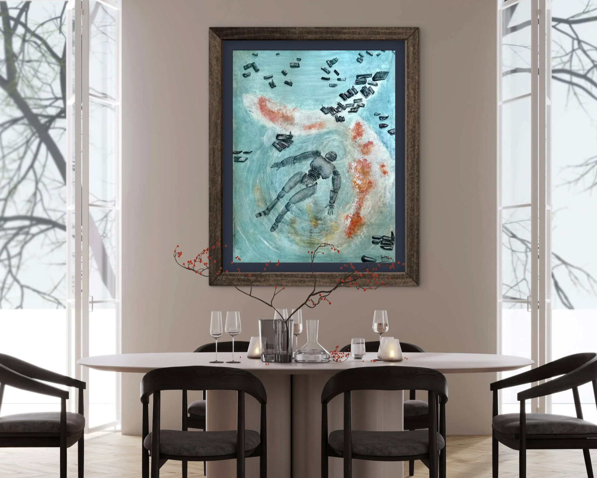 A modern dining room with a white round table set with glassware, candles, and a decorative branch with red berries. There are six black chairs around the table. On the wall behind, there's a framed abstract painting of a robot falling through a colo