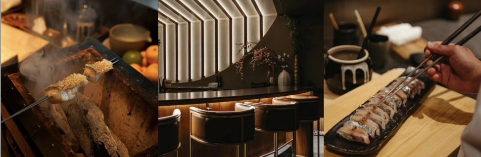 A collage of three images: first shows Japanese skewers being cooked over open flame, second features a modern restaurant interior with seating and lighting, third depicts a hand using chopsticks to pick sushi from a black plate.