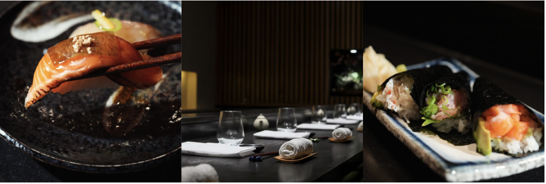 Triptych of images: 1) a close-up of salmon sashimi being lifted by chopsticks; 2) an elegant restaurant table set with glasses and napkins; 3) sushi rolls with seafood, wrapped in seaweed on a rectangular plate.
