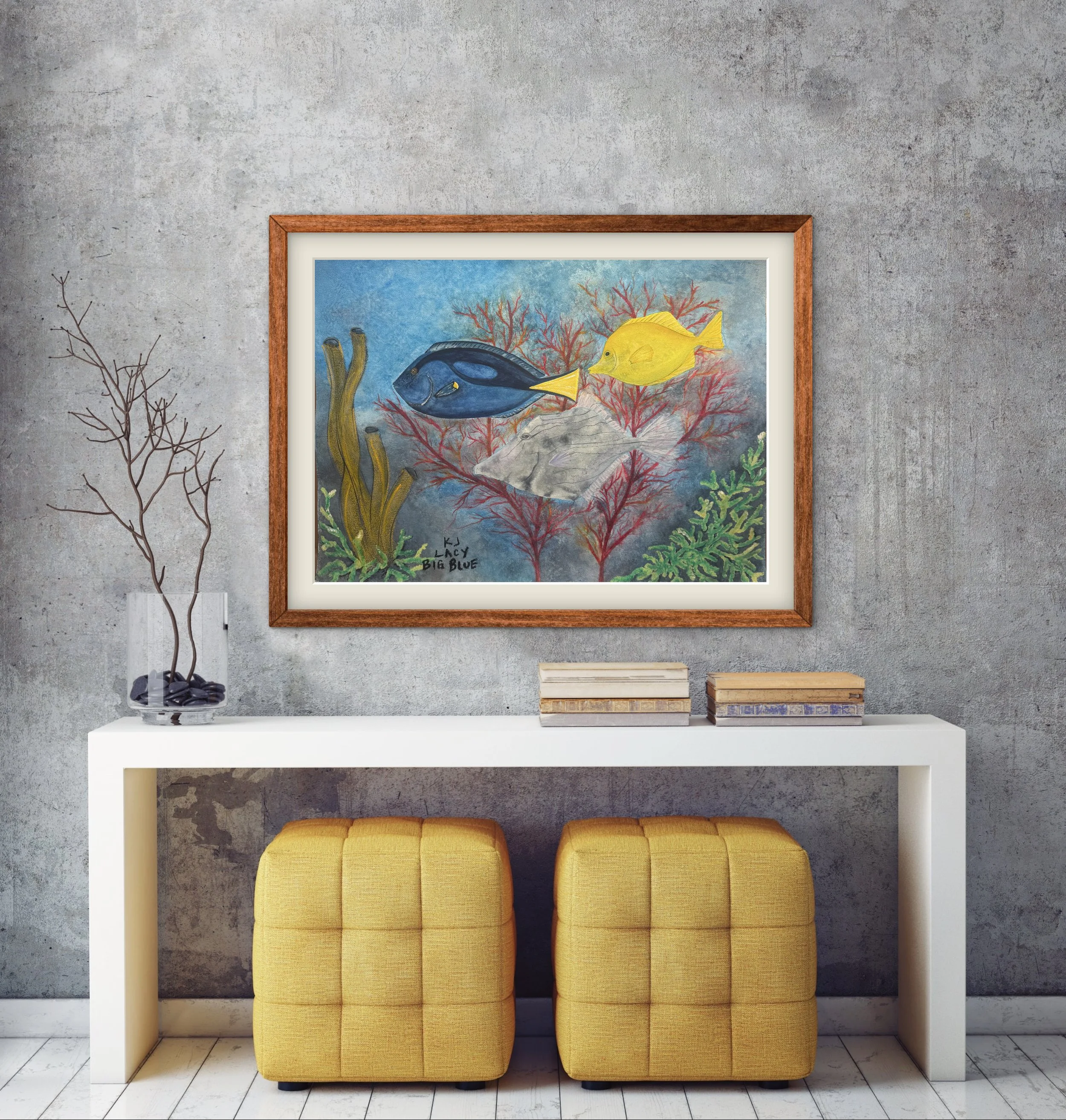 Interior with concrete wall, framed underwater scene painting, white table with yellow upholstered stools, leafless brown plant in glass vase.