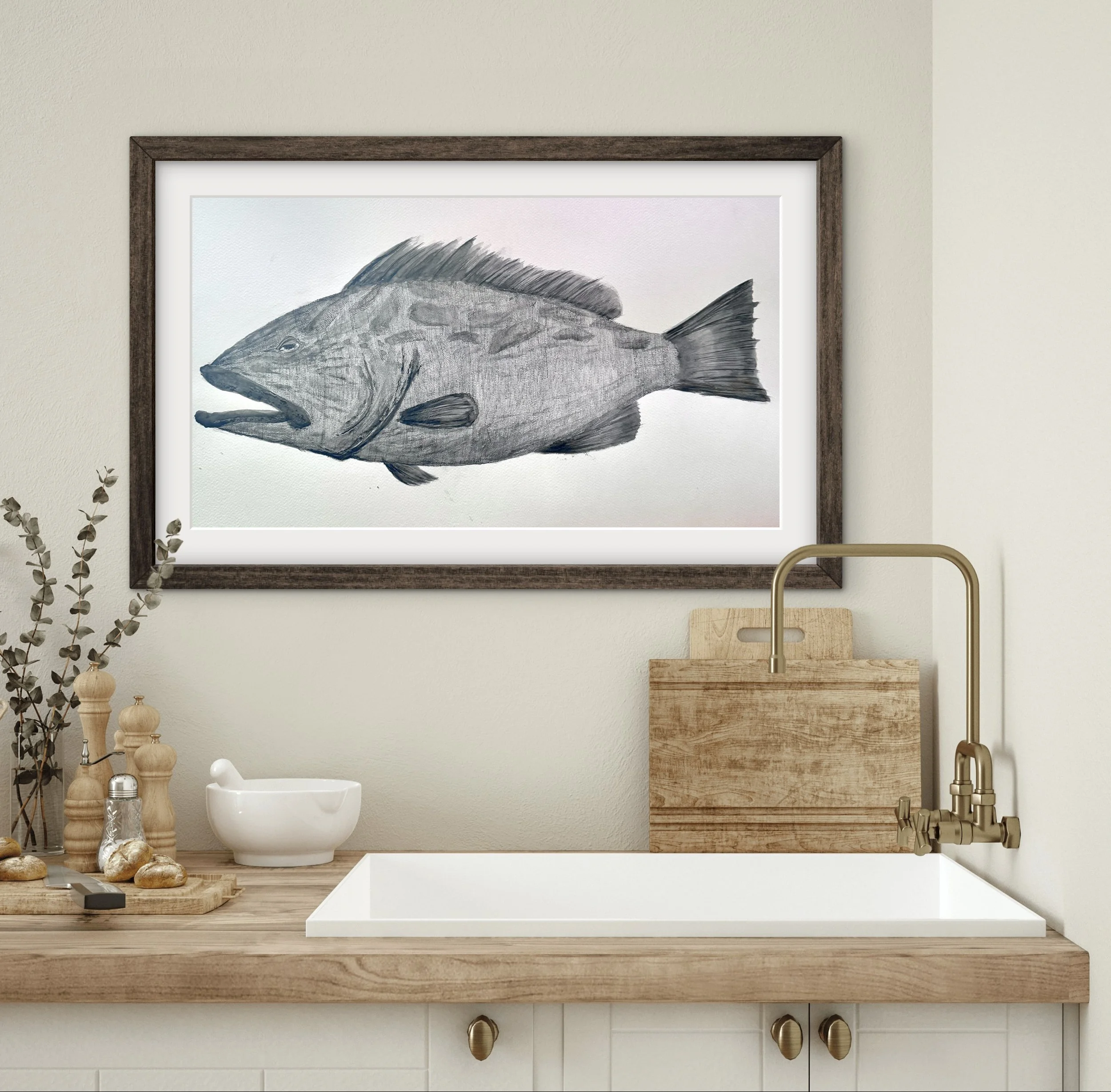 Original Watercolor Grouper - Pointillism