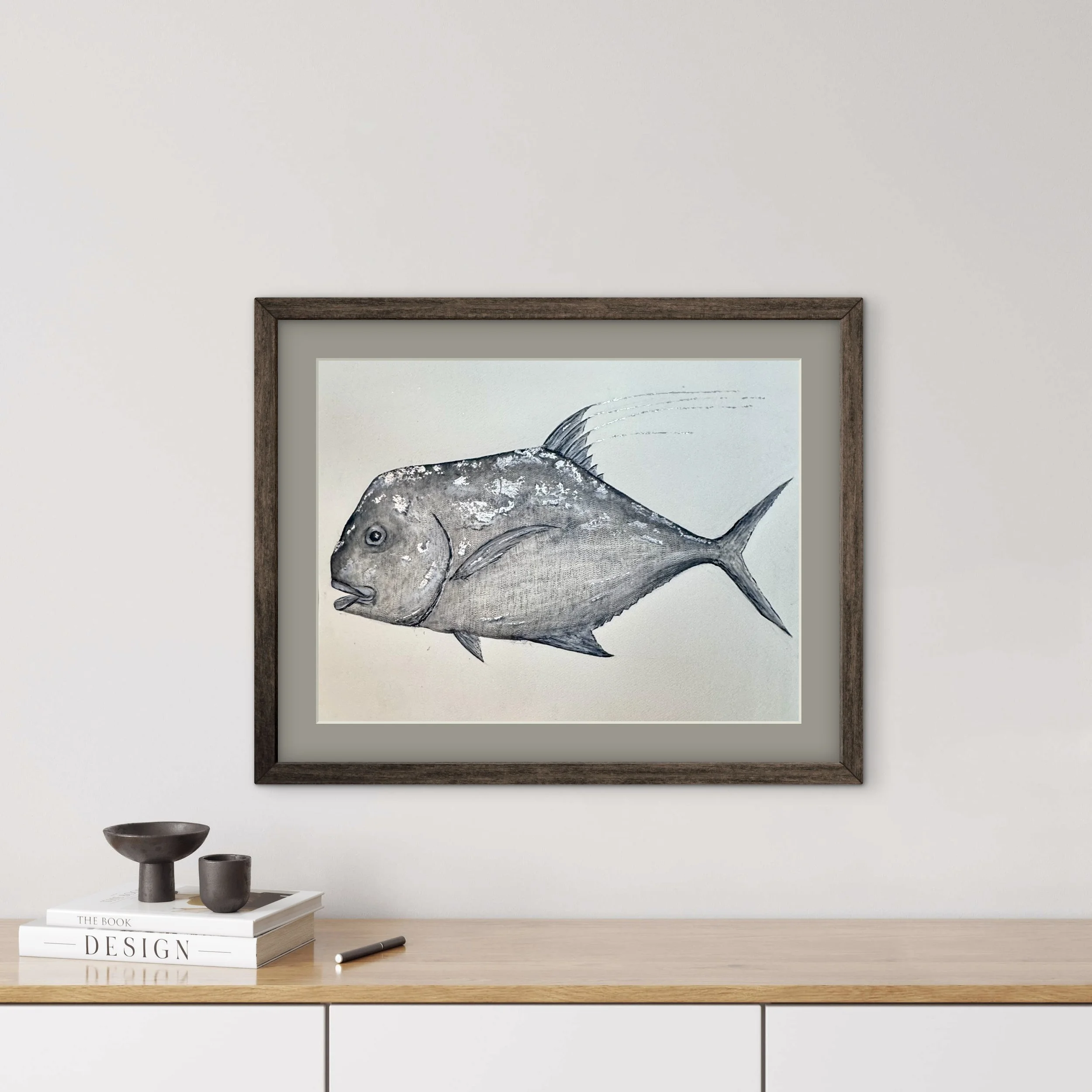 Original Watercolor African Pompano Pointillism - with Silver Leaf