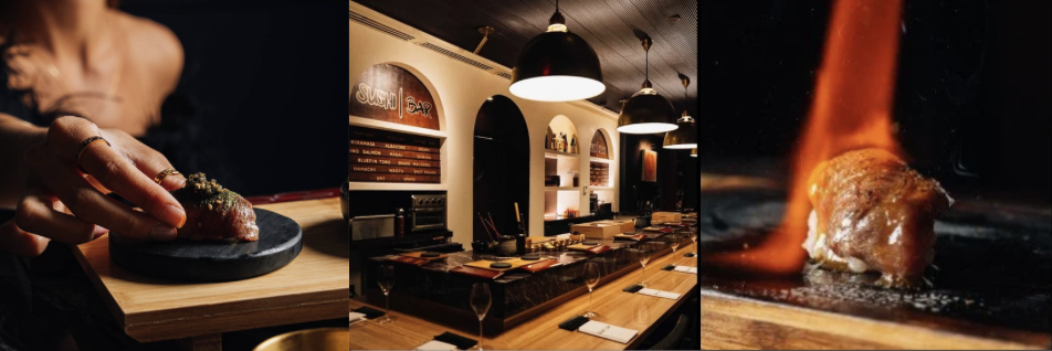 A person preparing a piece of raw meat on a black cutting board with a hand visible, a restaurant interior with a sushi bar and seating area, and a close-up of a piece of meat being seared in a pan with flames.