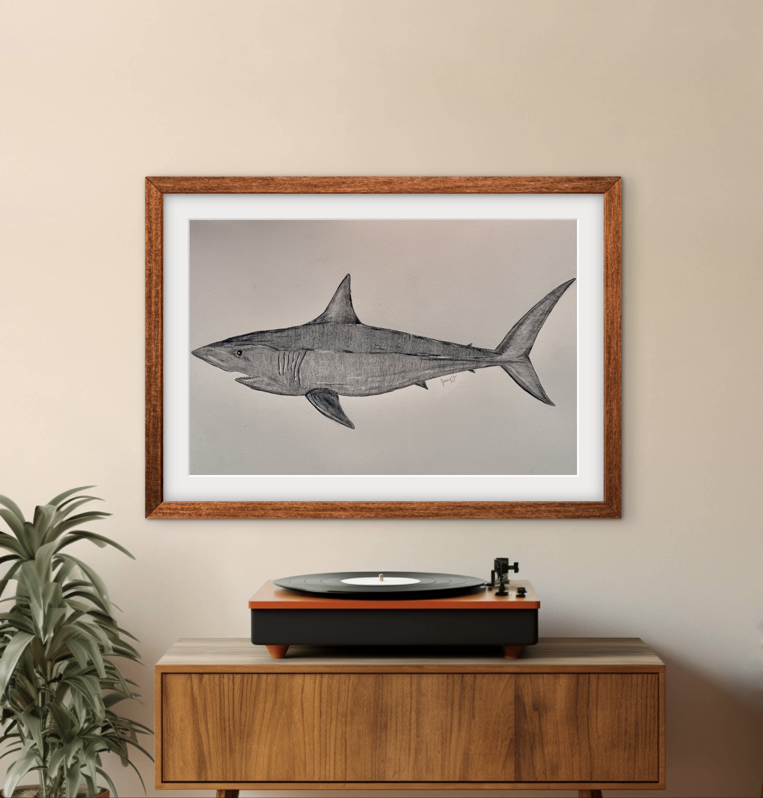 Original Watercolor Mako Shark - Pointillism