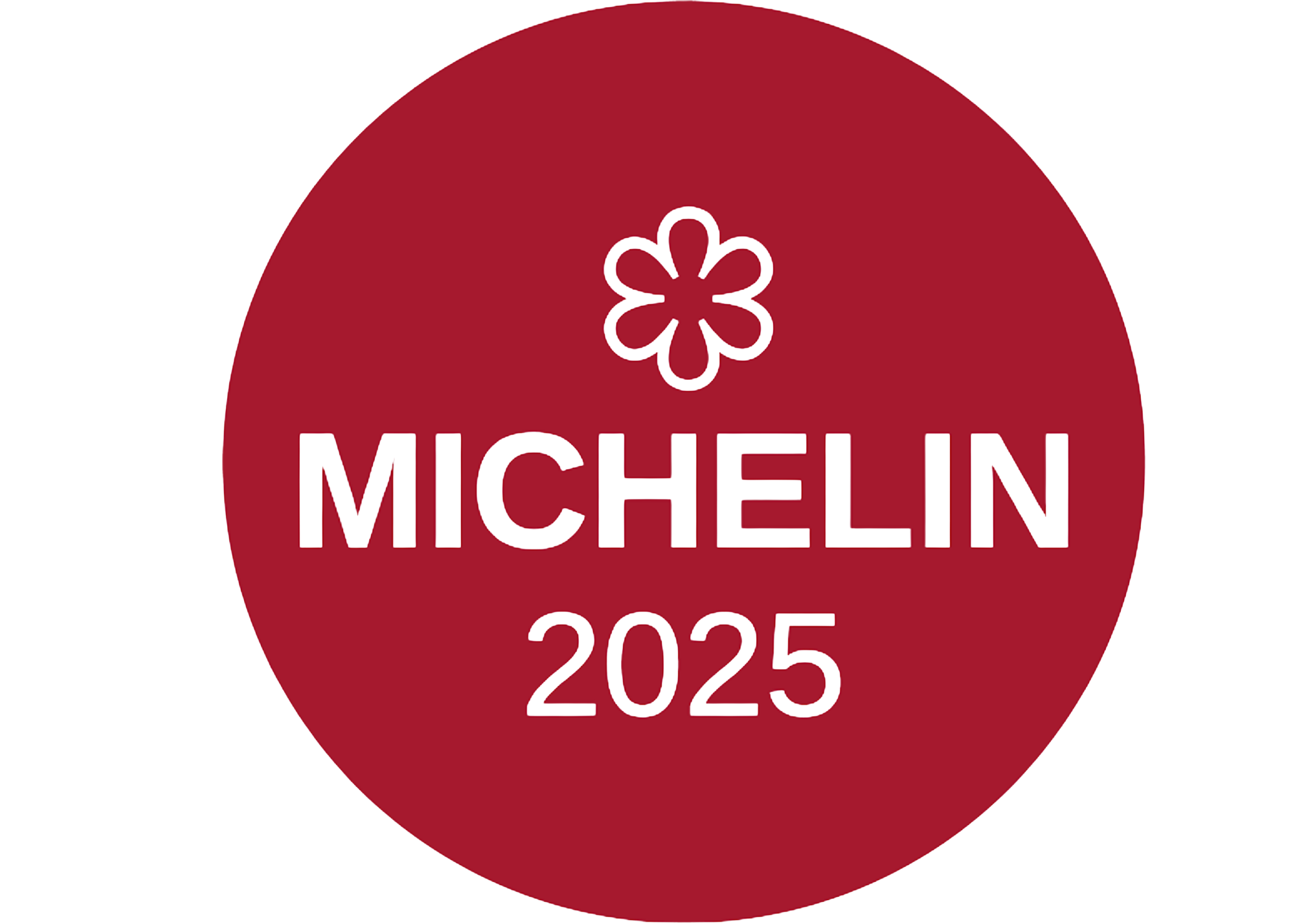 Red circular sticker or badge with black text reading 'MICHELIN 2025' and a small black flower icon at the top.