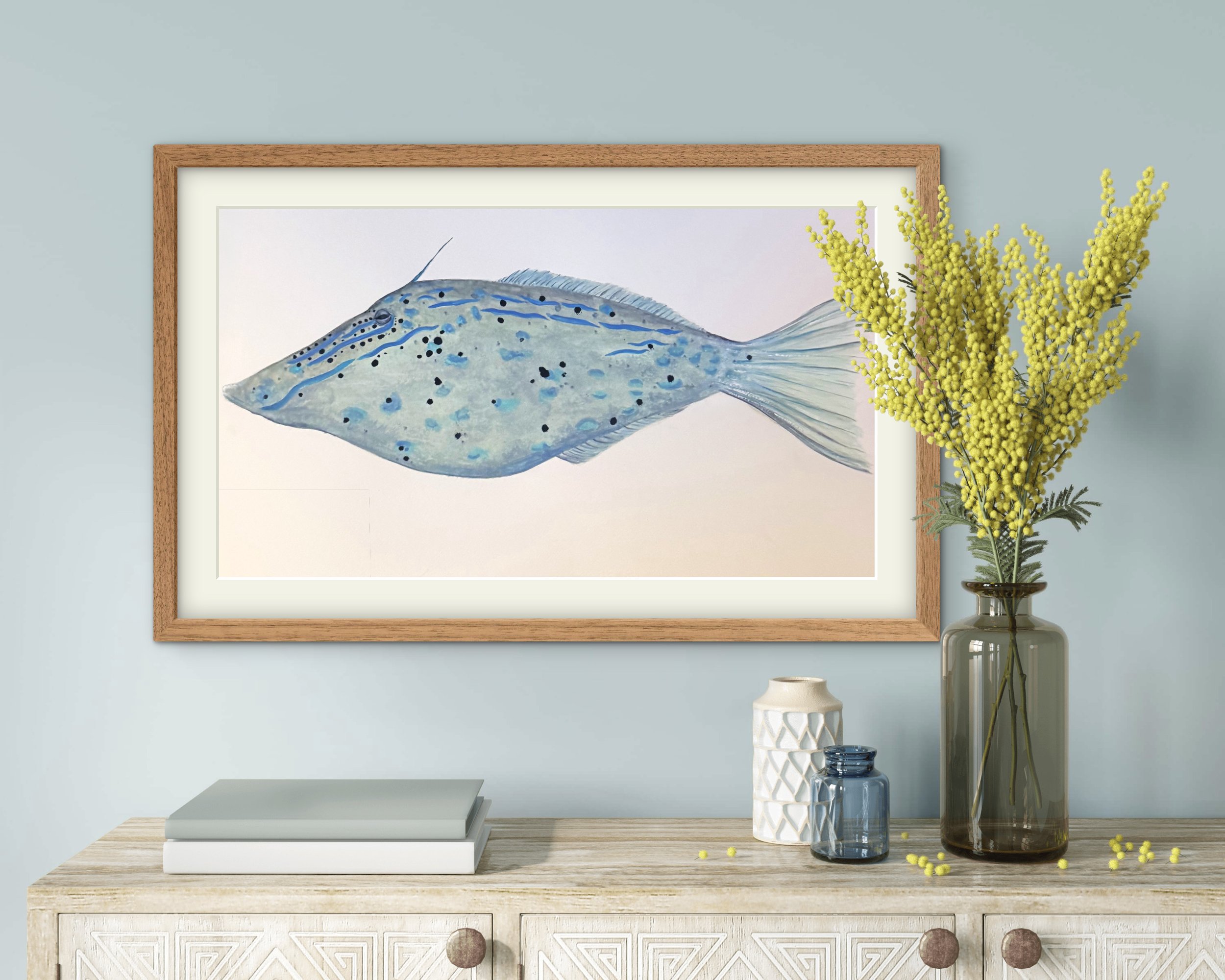 Original watercolor Filefish, rendered in a semi-realistic style. Commissioned in 2025 by a private collector in Key West, Florida, this piece was created as a tribute to a familiar presence - a fish that appeared at her dock each day, becoming a qui