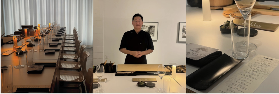 Split image featuring a long dining table set with glasses and plates in a well-lit room, a man standing in front of framed pictures on a wall, and a close-up of a table setting with a menu, napkin, and glassware.