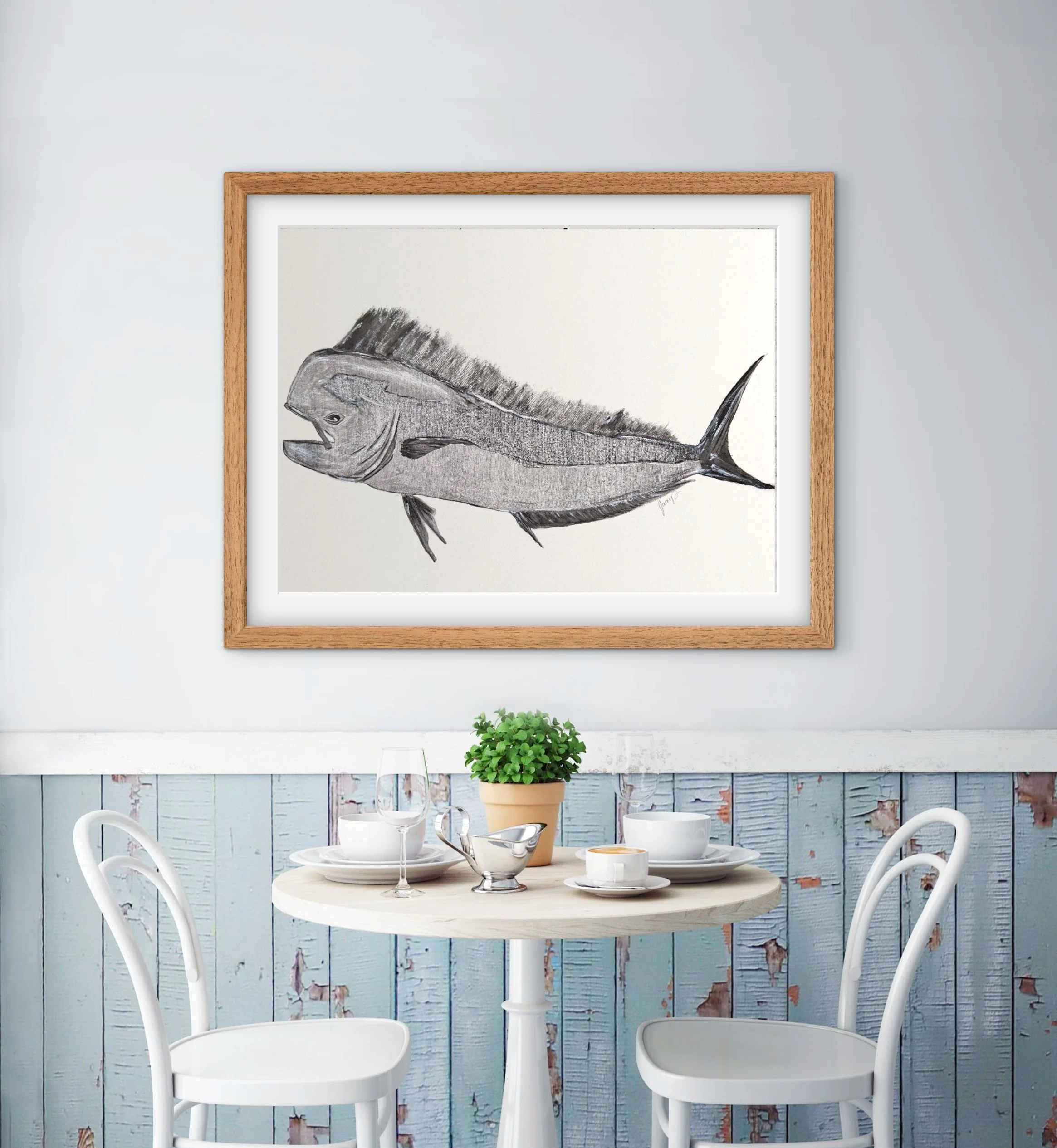 Original Watercolor Mahi Mahi - in Pointillism