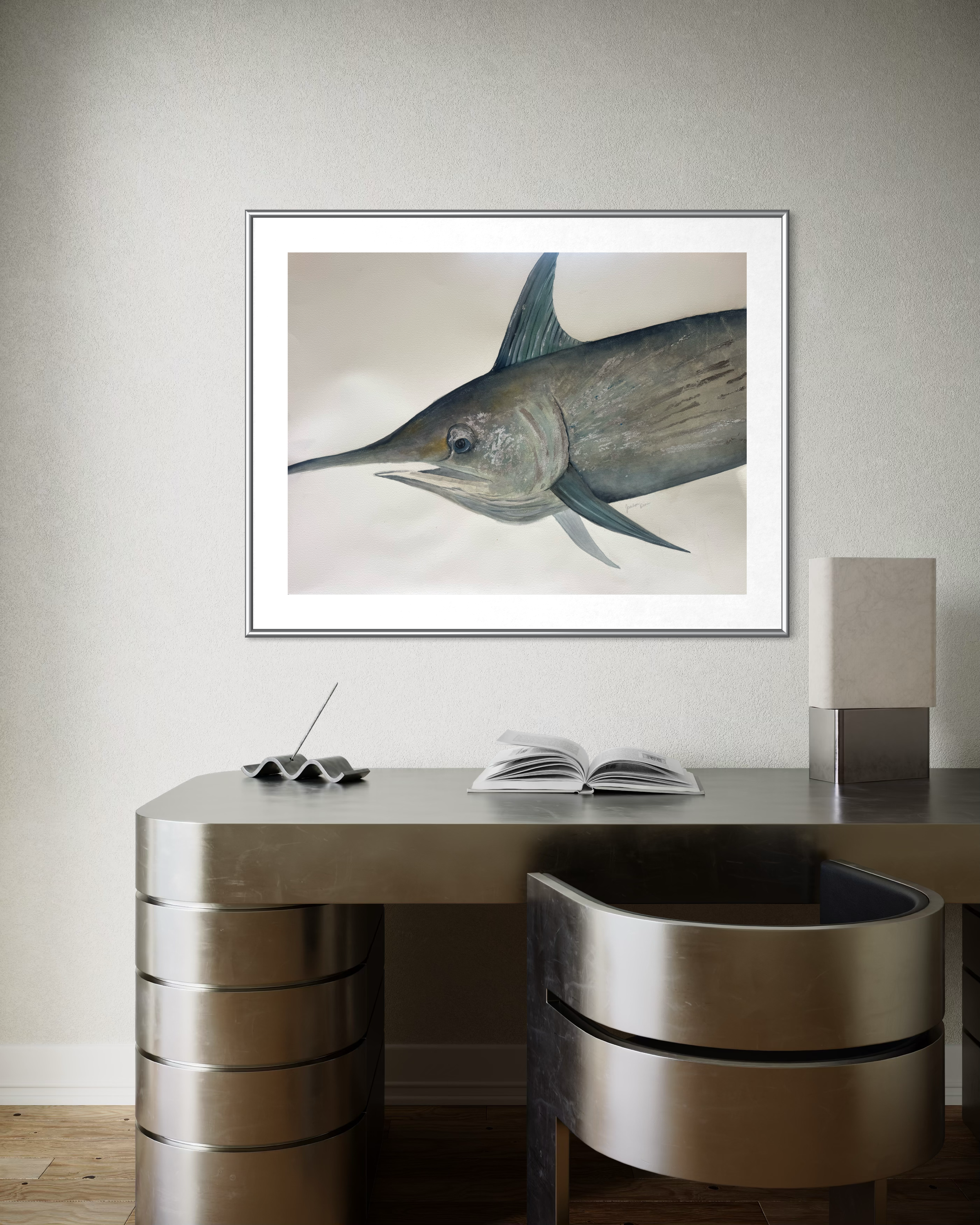 Original Watercolor Swordfish - with Silver Leaf
