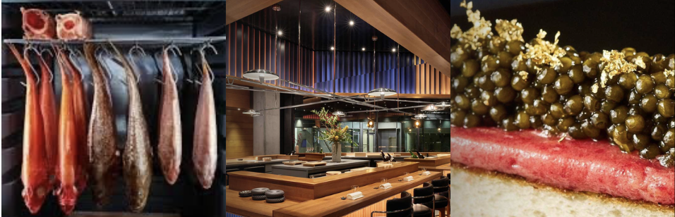 Three beef cuts hanging in a smokehouse, modern restaurant interior with a long bar and seating area, and a close-up of a gourmet dish with caviar, meat, and bread.