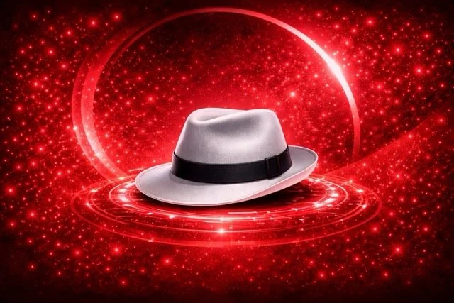 A white fedora hat with a black band placed on a glowing, sparkling red background with digital effects and a circular light around it.