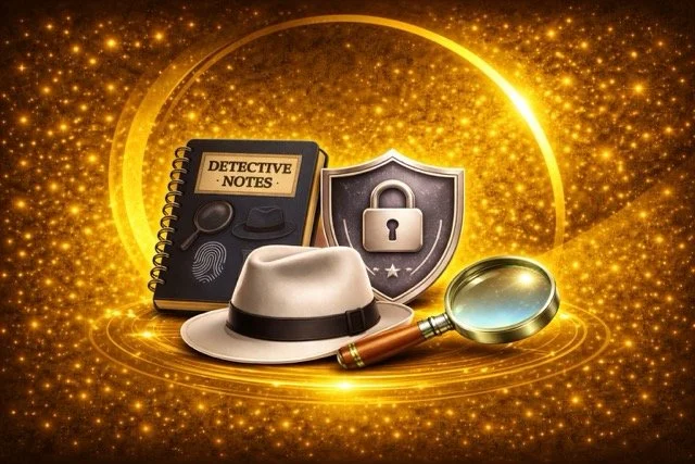 Collection of detective-themed items including a notepad labeled 'Detective Notes,' a magnifying glass, a fedora hat, a shield with a lock symbol, and a gold sparkle background.