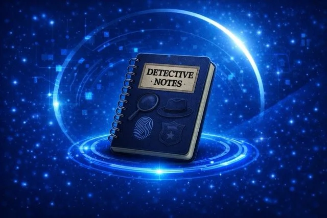 A notebook titled 'Detective Notes' with icons of a magnifying glass, fingerprint, hat, and badge on the cover, surrounded by a digital, futuristic background with glowing blue light and star-like particles.