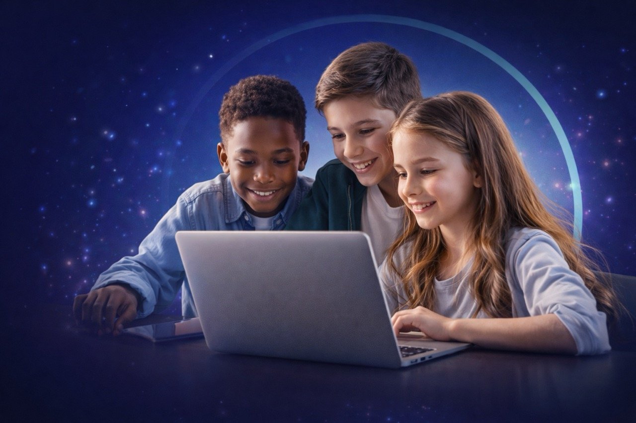 Three children, two boys and a girl, gathered around a laptop, smiling and looking at the screen, in front of a starry background.