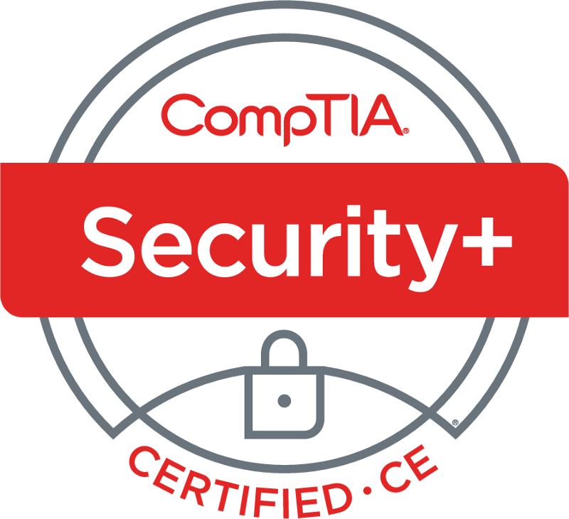 A certification badge from CompTIA for Security+ certification, featuring a shield with a lock icon, the words "Security+" in bold white text on a red background, and the words "CERTIFIED·CE" in red at the bottom.