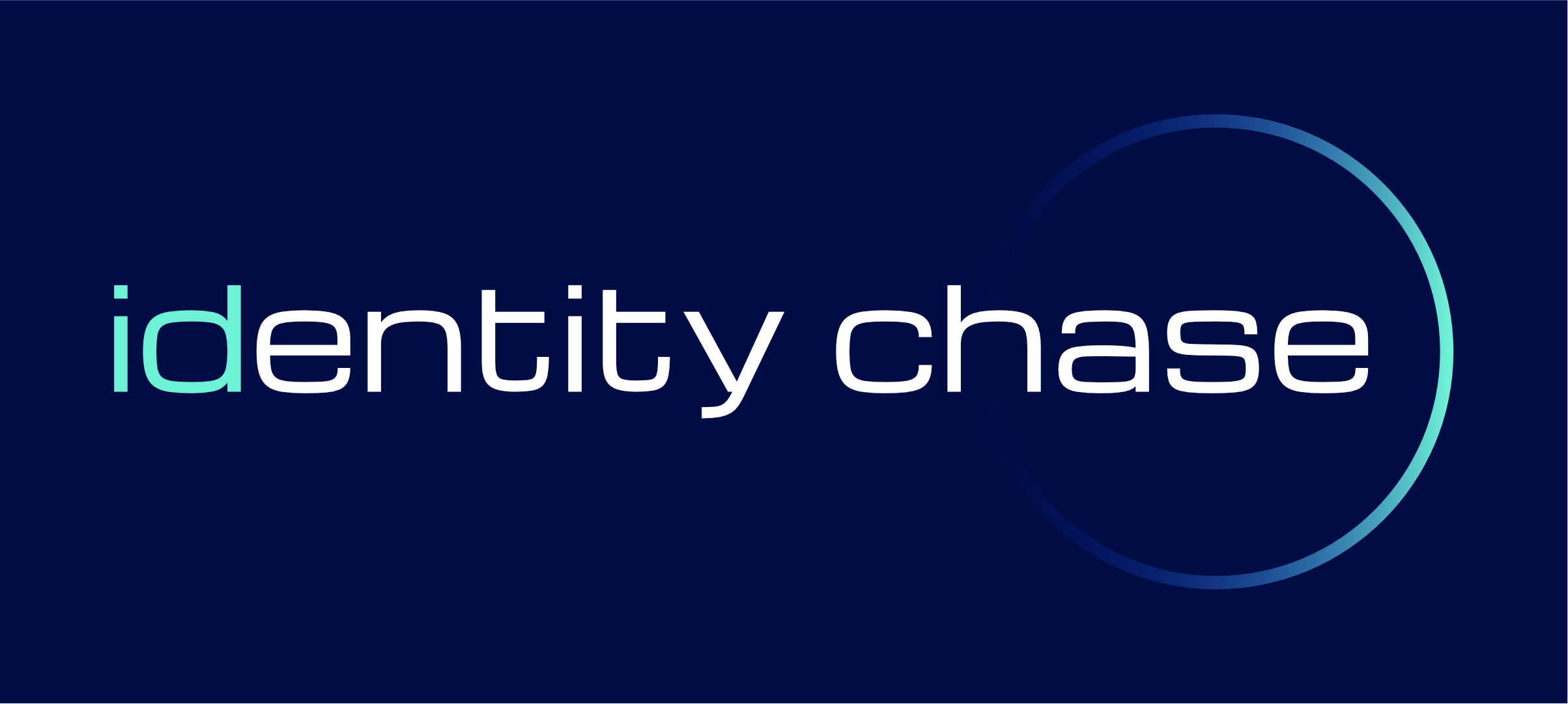 Digital graphic with the words 'identity chase' on a dark blue background, featuring a partial circular design on the right.