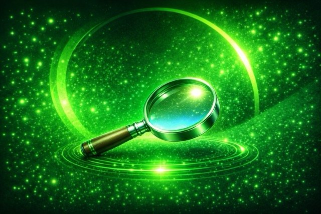 A digital representation of a magnifying glass surrounded by green sparkles and light effects, with a glowing green circle in the background.