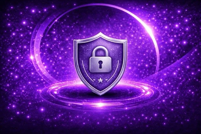 Purple digital background with a shield and lock symbol, representing cybersecurity or online security.