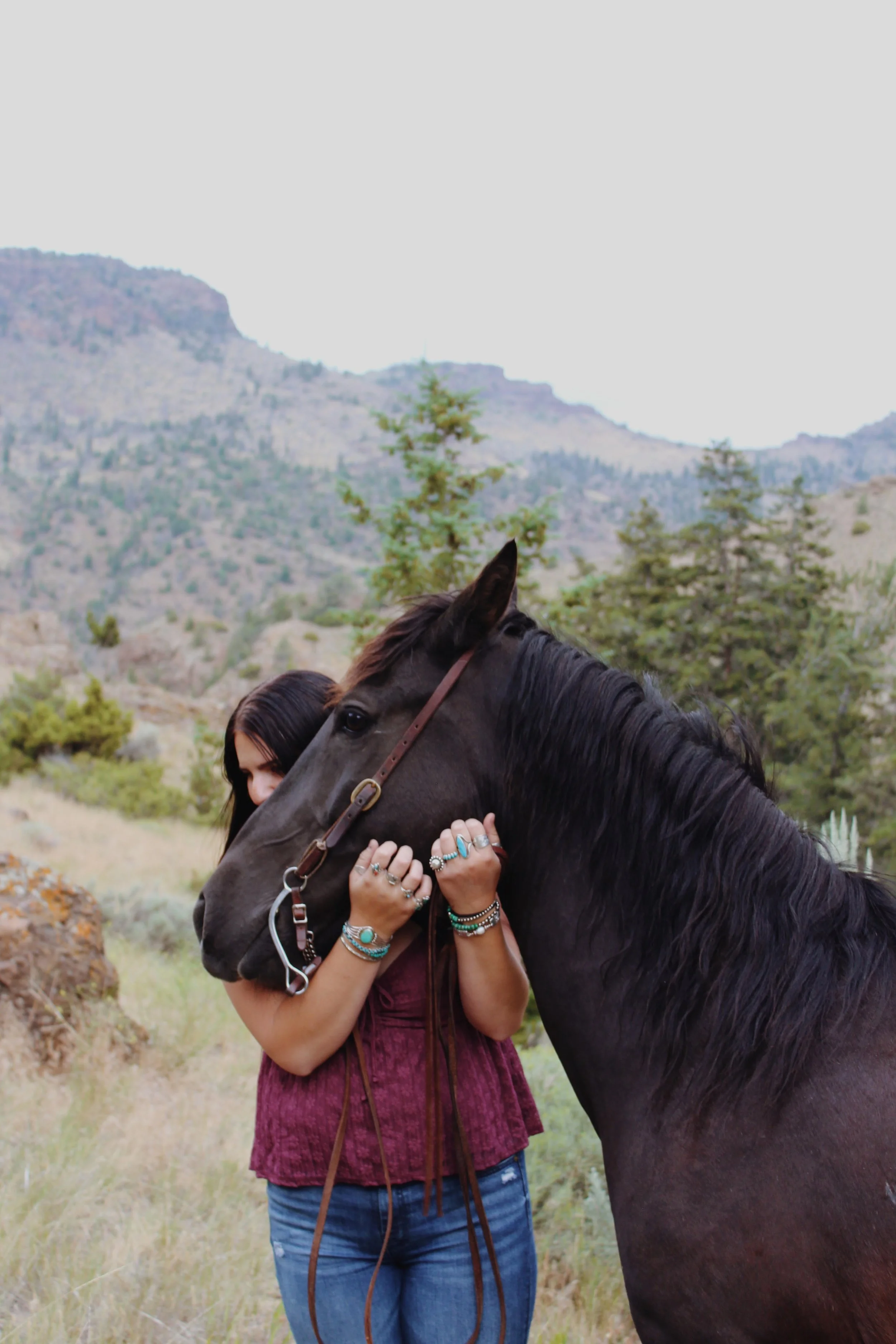 A woman in a maroon top and blue jeans holding a black horse outdoors with mountains and trees in the background.